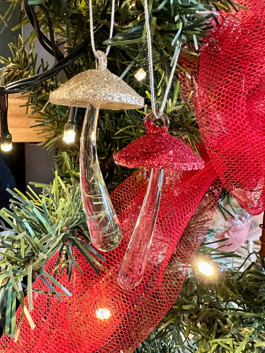 Glass Red/Gold Glitter Mushroom Decoration