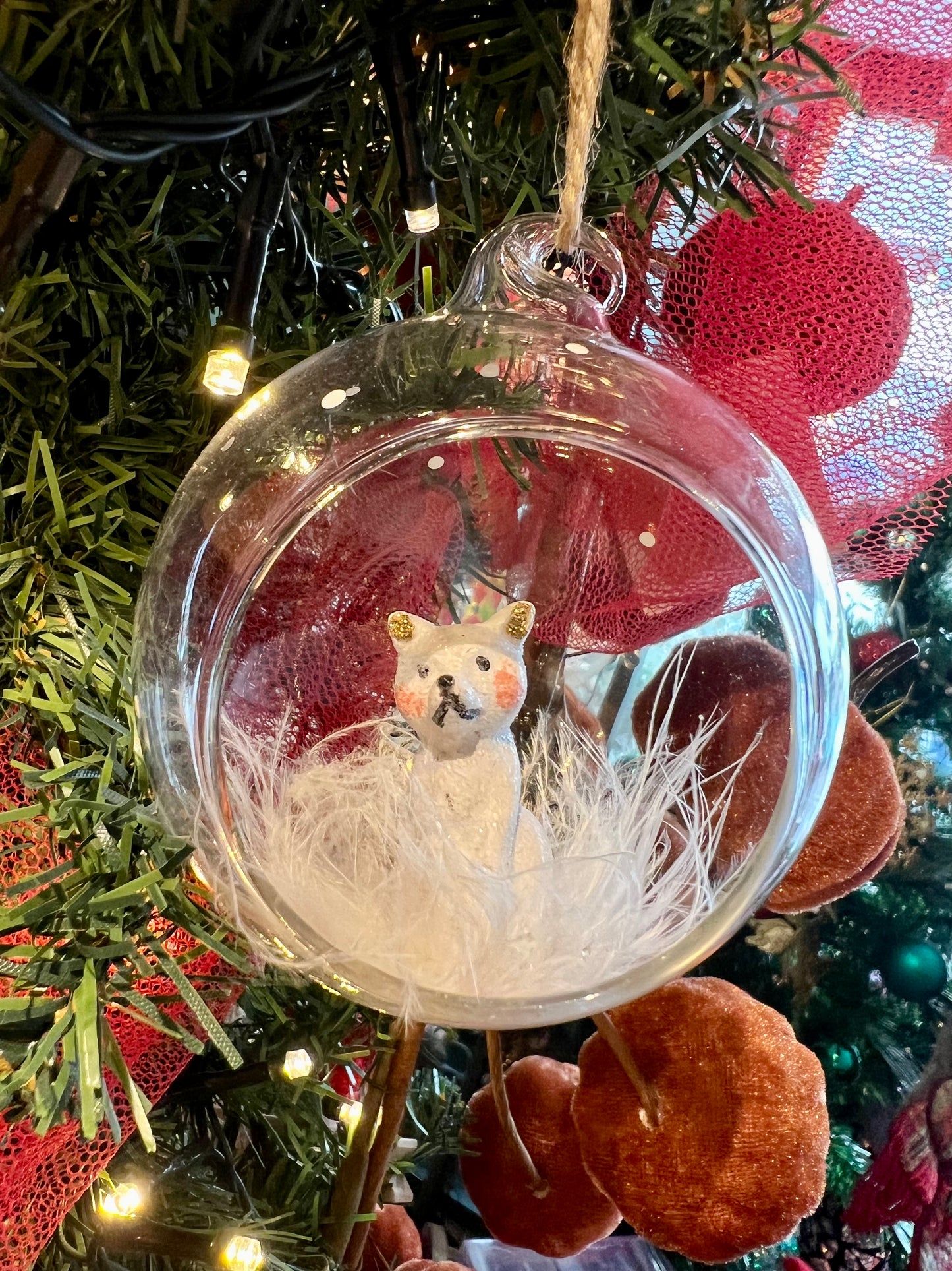 Glass Bauble with Fox and Feathers