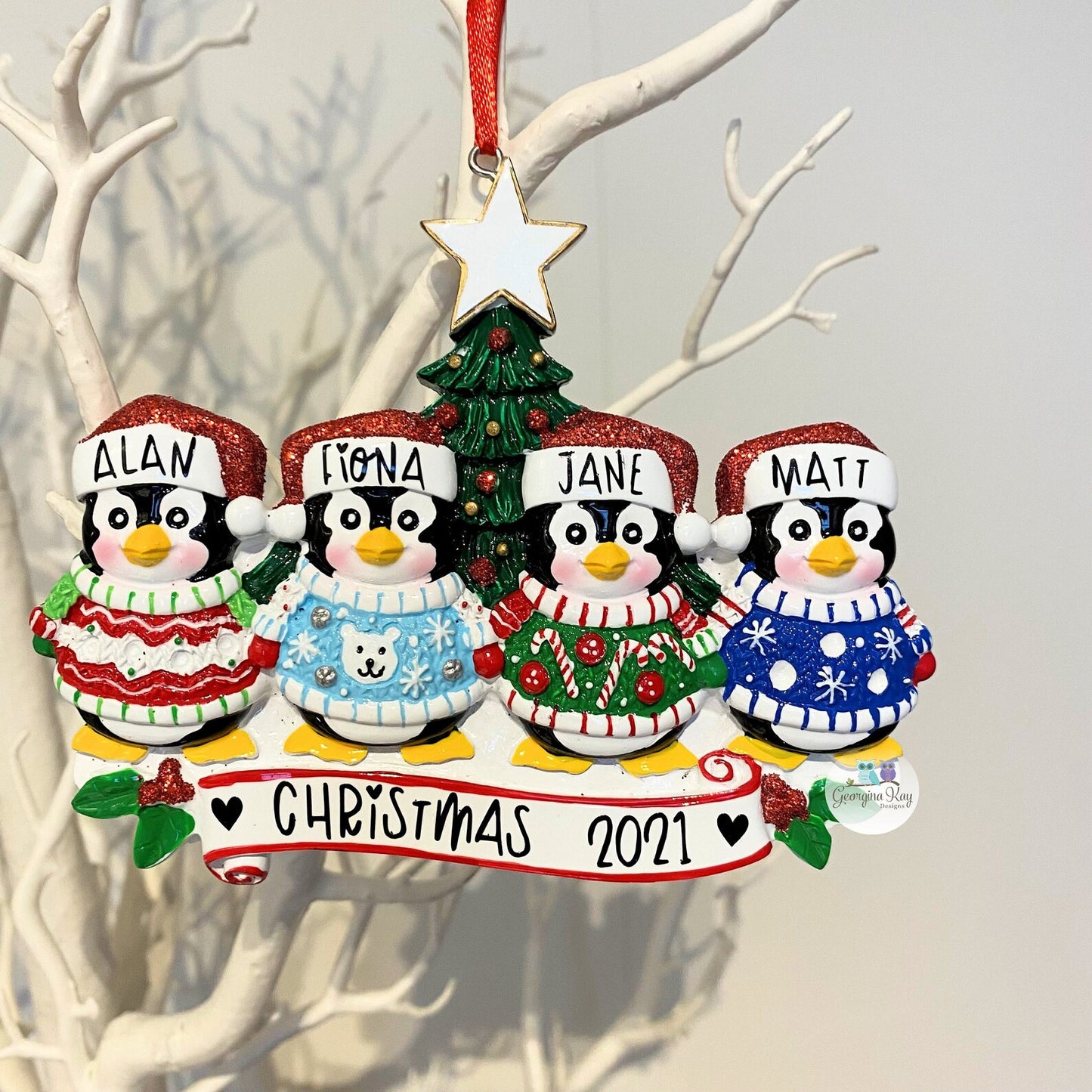 Ugly Jumper Family of 4 Penguin Personalised Decoration