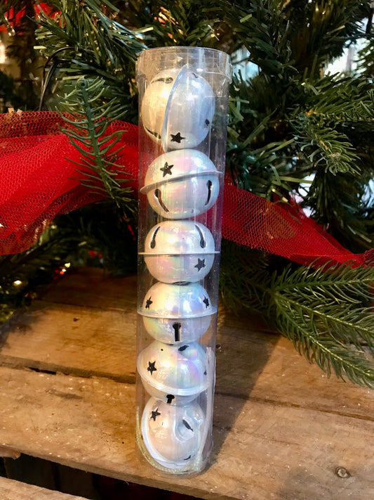 Set of 6 iridescent silver bells